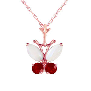 14K. SOLID GOLD BUTTERFLY NECKLACE WITH OPALS & RUBIES (Rose Gold)